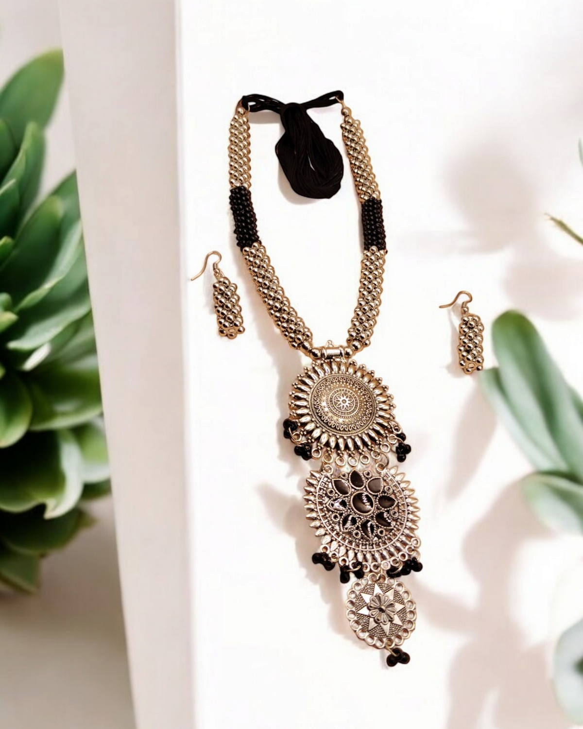 Black Pearl Oxidized Long Necklace & Earrings