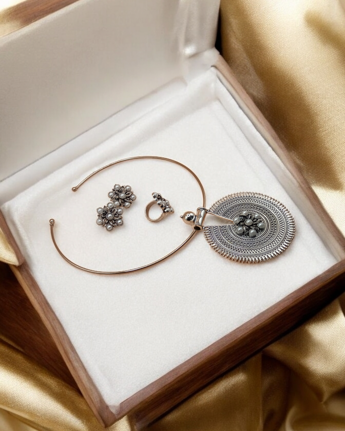 Oxidized Hasli Necklace, Earrings & Ring Combo
