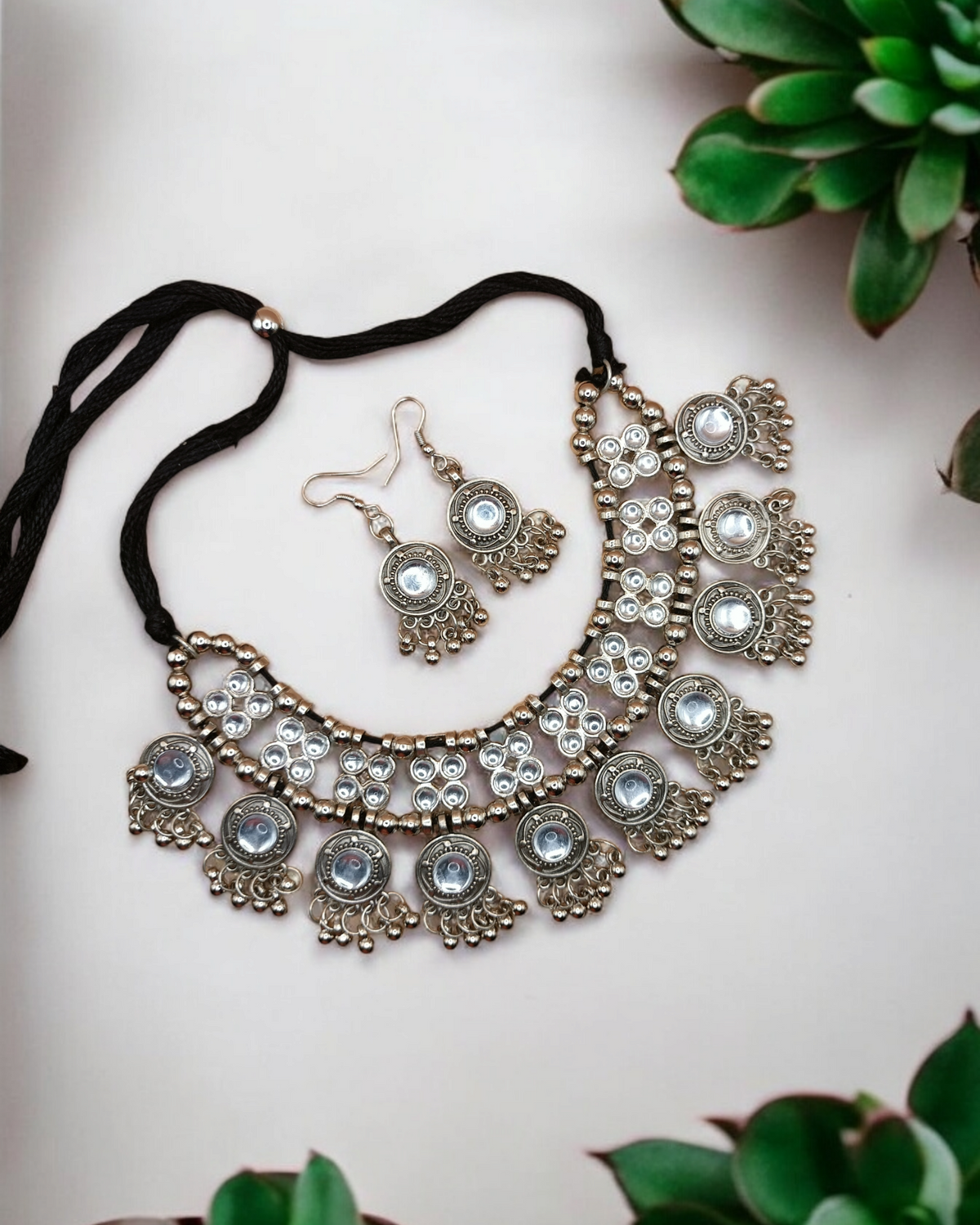 Mirror Work Oxidized Necklace & Earrings