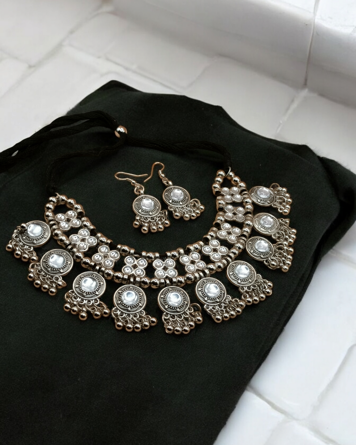 Mirror Work Oxidized Necklace & Earrings
