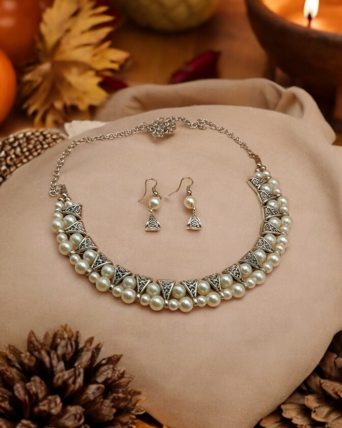 White Pearl Oxidized Necklace & Earrings Set