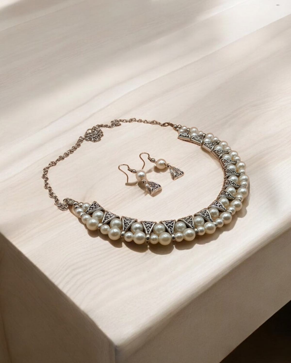 White Pearl Oxidized Necklace & Earrings Set
