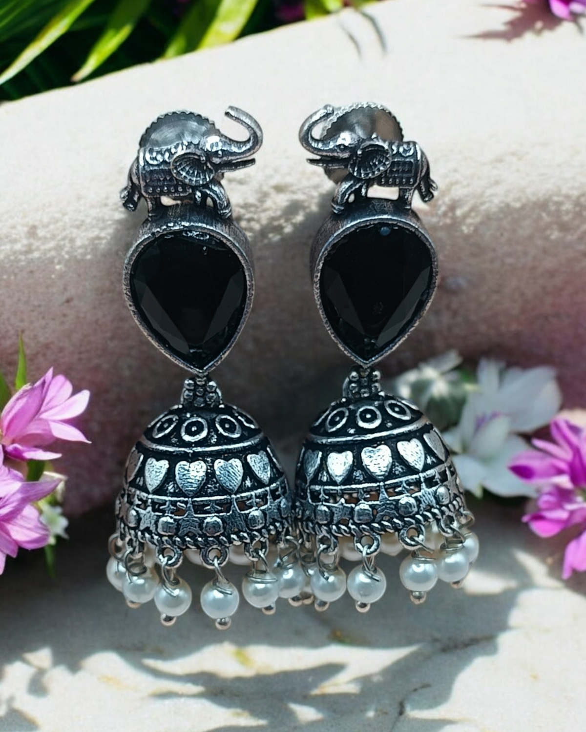 Oxidized Gemstone Jhumkas for Ethnic Wear