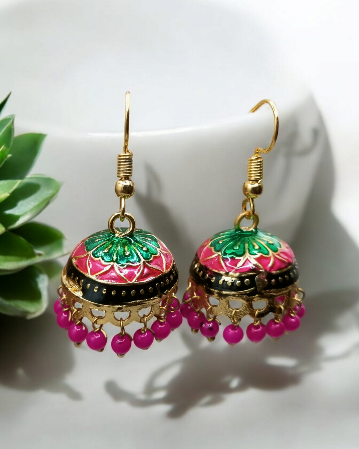 Ethnic Jaipuri Meenakari Hand-Painted Medium Jhumkas
