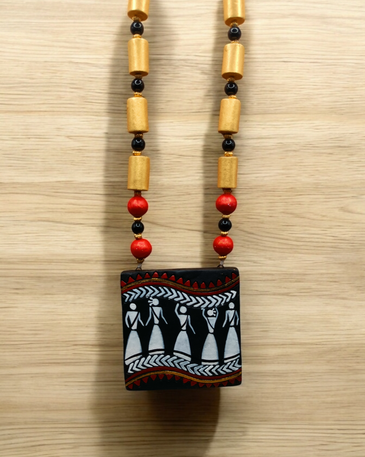 Hand-Painted Terracotta Necklace Set with Adjustable Cotton Tassel
