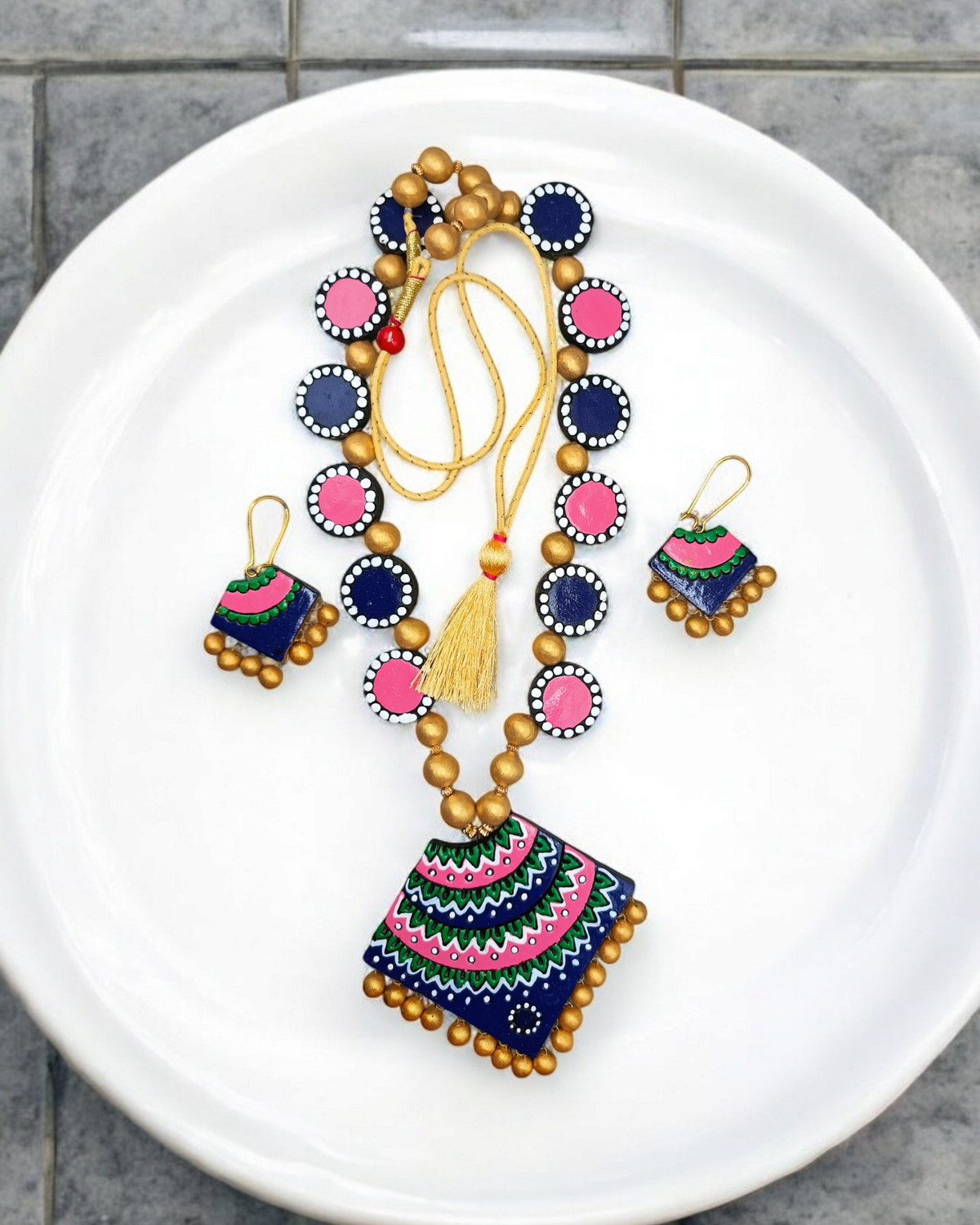 Pink & Blue Terracotta Necklace Set with Adjustable Tassel
