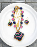 Pink & Blue Terracotta Necklace Set with Adjustable Tassel