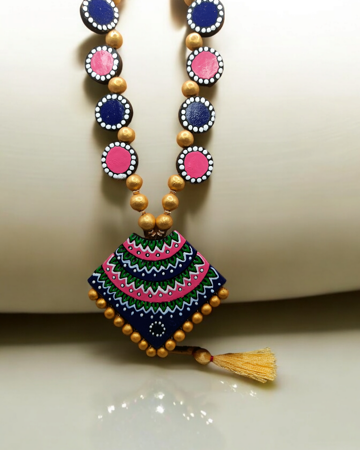 Pink & Blue Terracotta Necklace Set with Adjustable Tassel