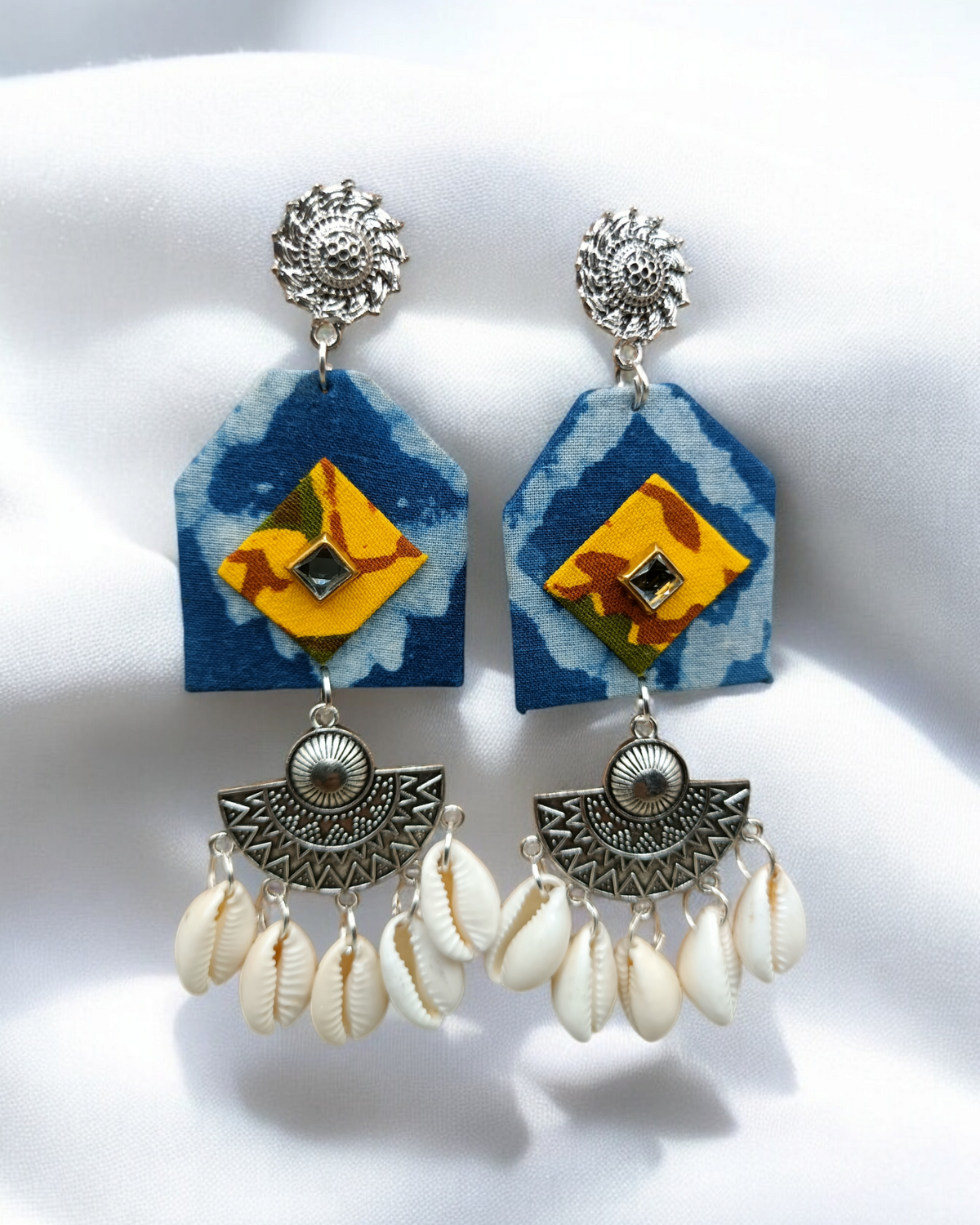 Handcrafted Fabric Earrings with Seashell Charm