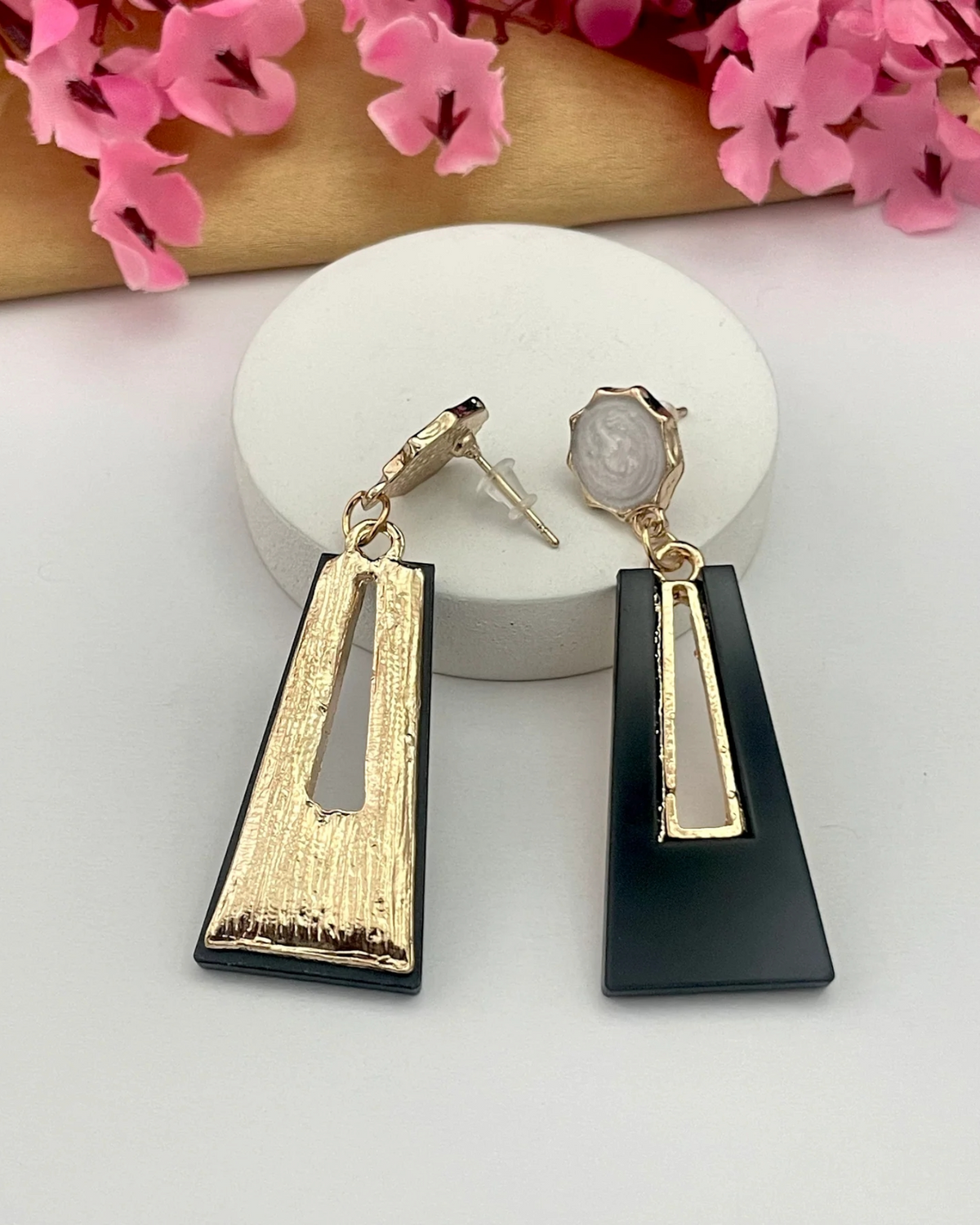 Geometric Triangle Pearl Drop Earrings
