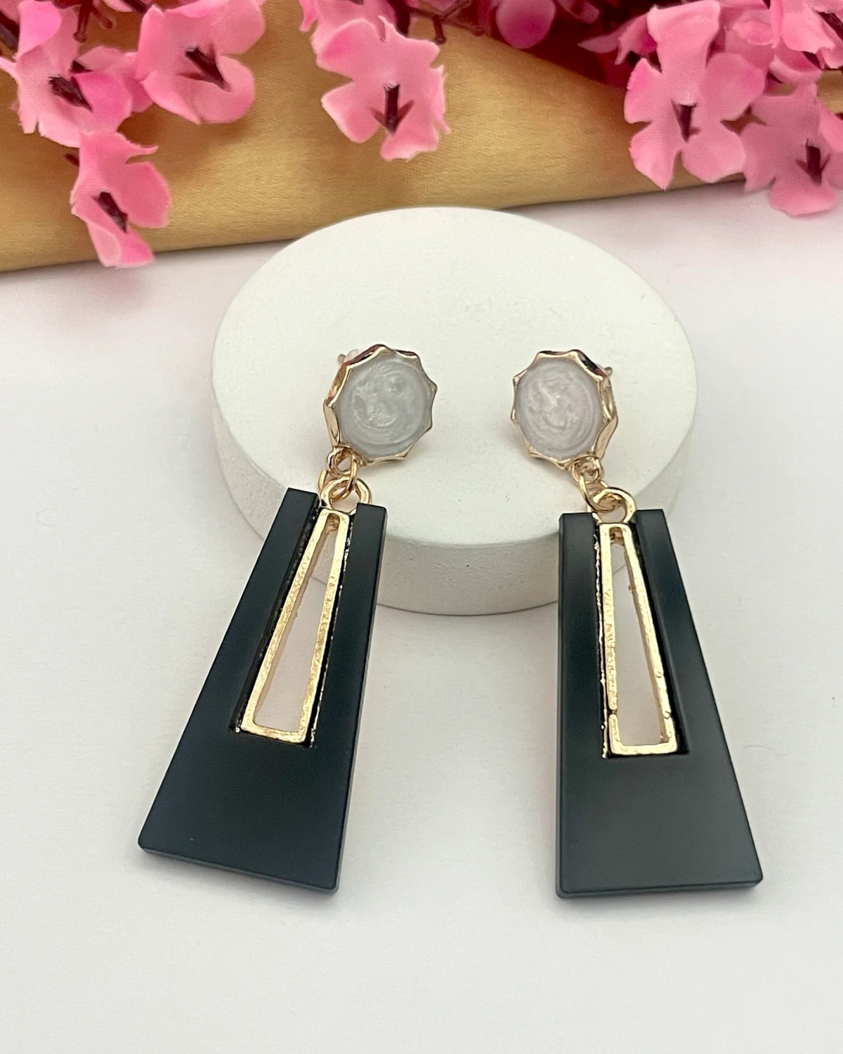 Geometric Triangle Pearl Drop Earrings