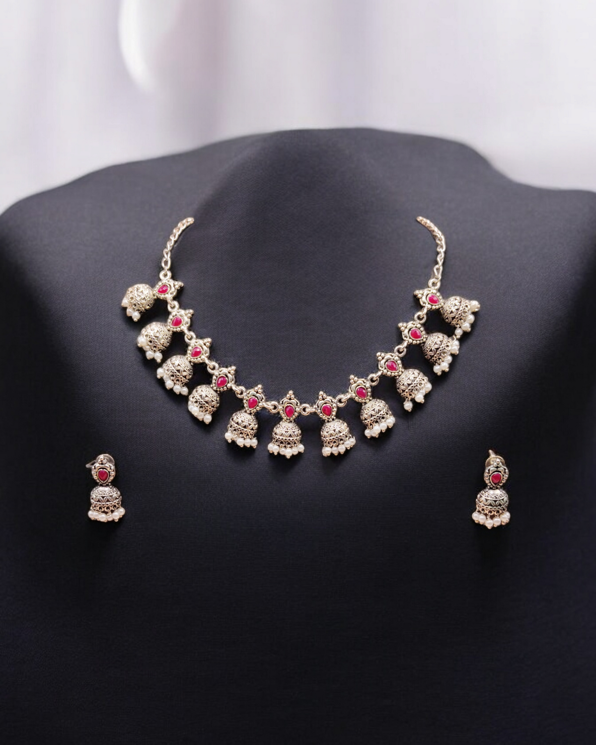 Stone-Studded Oxidized Silver Necklace Set