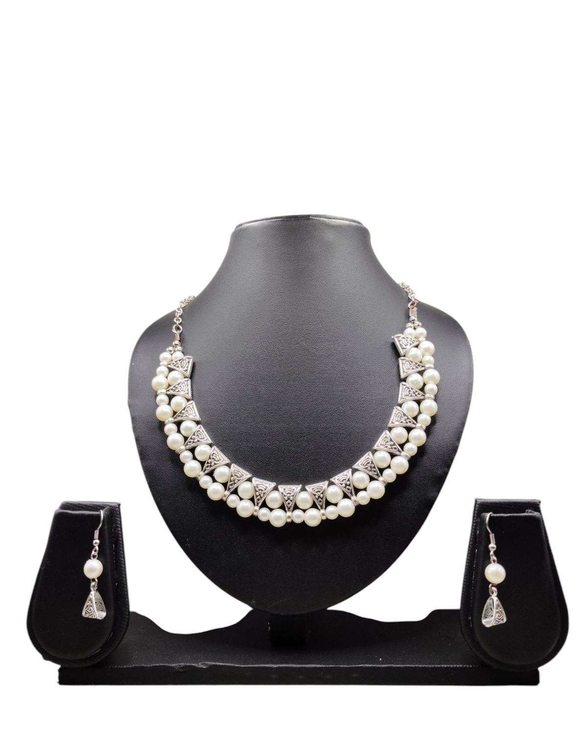 White Pearl Oxidized Necklace & Earrings Set