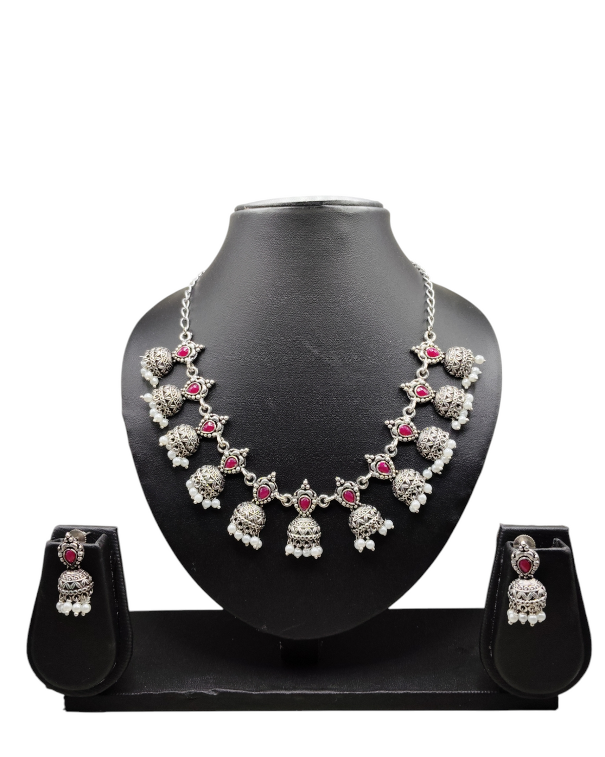 Stone-Studded Oxidized Silver Necklace Set