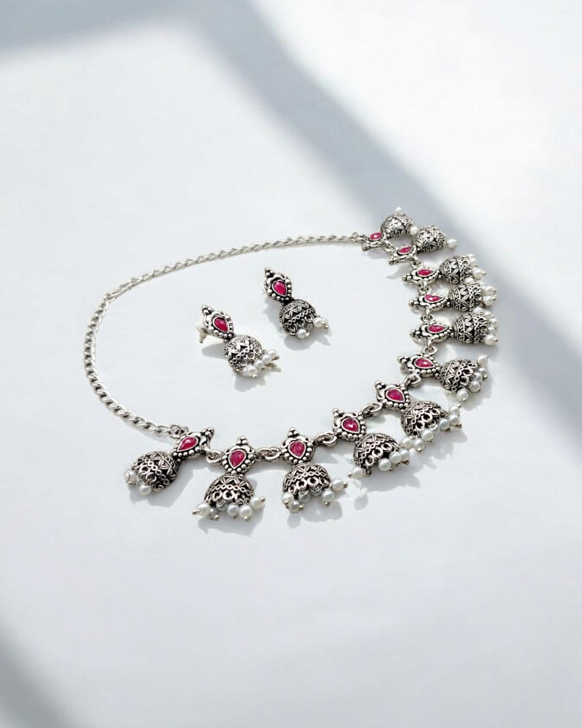 Stone-Studded Oxidized Silver Necklace Set